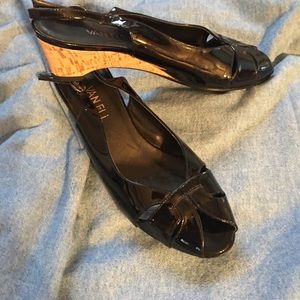 Reduced  $$ Vaneli/ black patent, peep toe, 61/2M